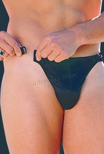 403 Shirley Of Hollywood spandex thong with hook side closures .